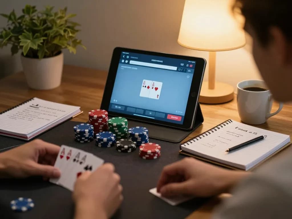 Player enjoying a thrilling 33WIN online poker game experience on a tablet, focused on strategic betting.