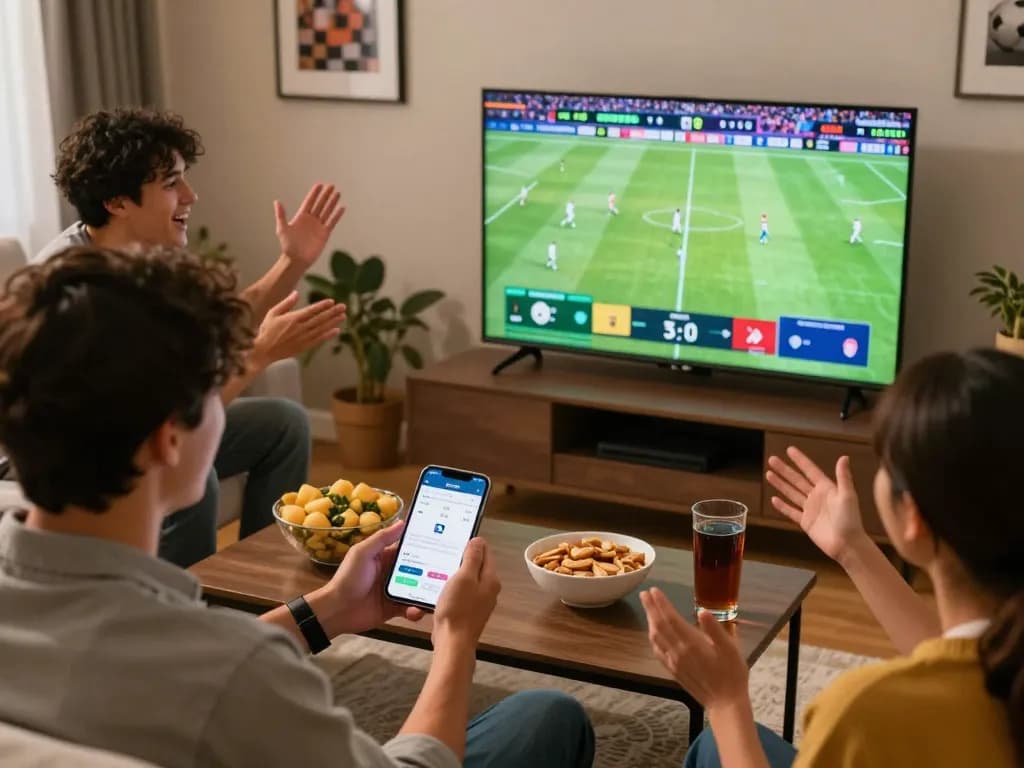 Kèo Nhà Cái Hôm Nay showing a sports fan engaged in live betting during a football match, highlighting the excitement of wagering.