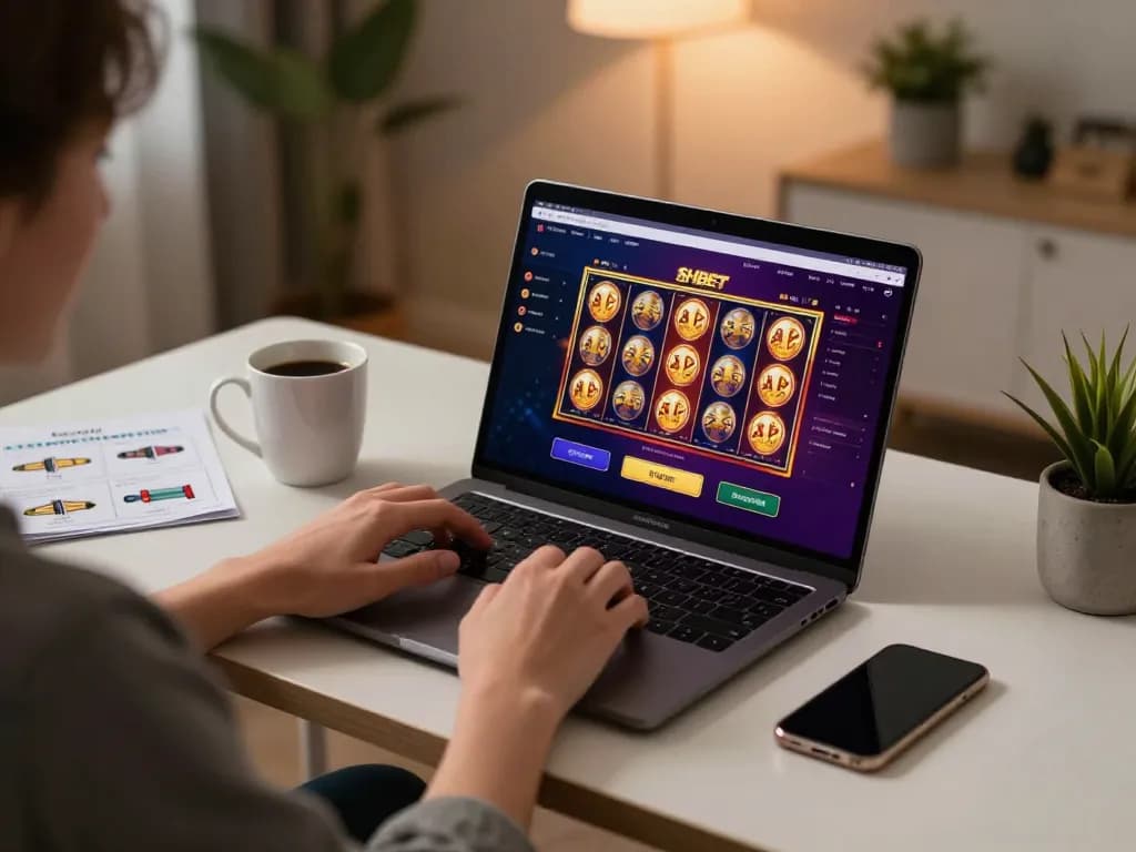 Engaging with SHBET online casino on a stylish laptop at home, showcasing vibrant slot game interface.