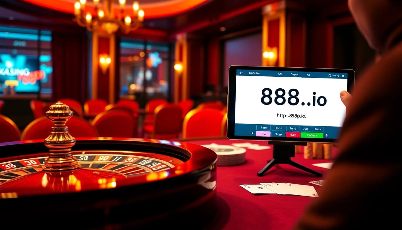 Experience the excitement of online gaming at https://888p.io/ with vibrant casino visuals including poker chips and cards.
