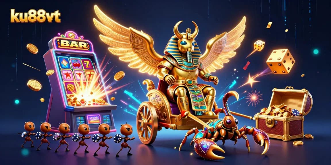 Engage in thrilling casino action with ku88vt's vibrant digital scene featuring a golden scarab beetle and jackpot elements.