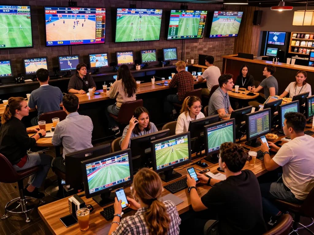 PUB88 fans engaged in thrilling live sports betting scene at modern sportsbook