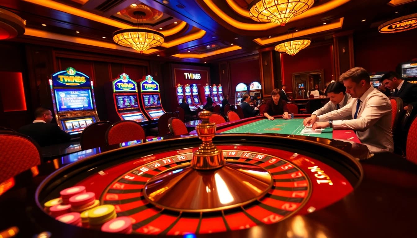 TWIN68 branded roulette table in a luxurious casino setting with players enjoying the games.