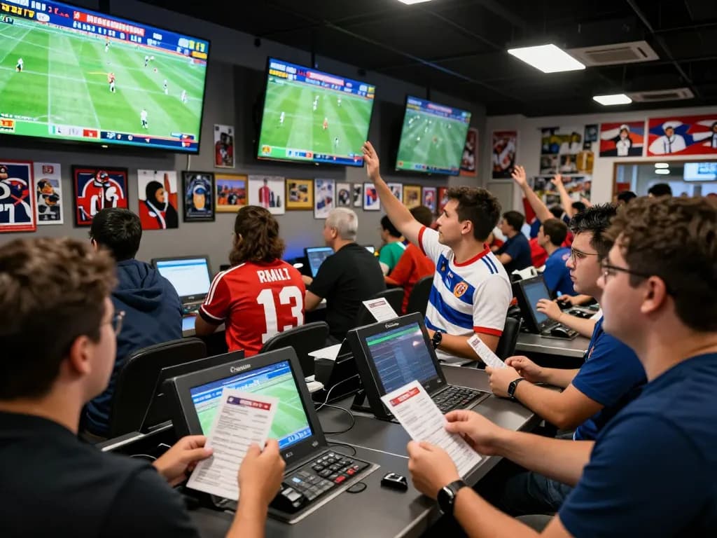 Fans engaged in tỷ lệ kèo bóng đá while watching live football, showcasing a vibrant sportsbook atmosphere.