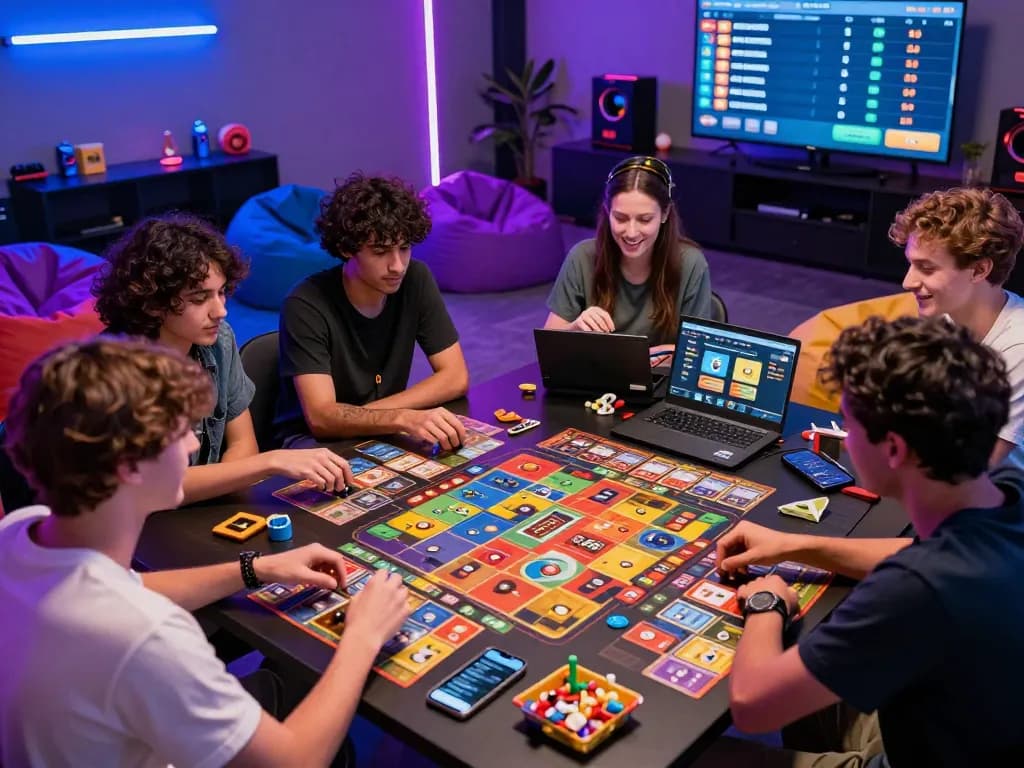 Friends enjoying S666 online gaming, vibrant scene with laptops, game pieces, and lively atmosphere.