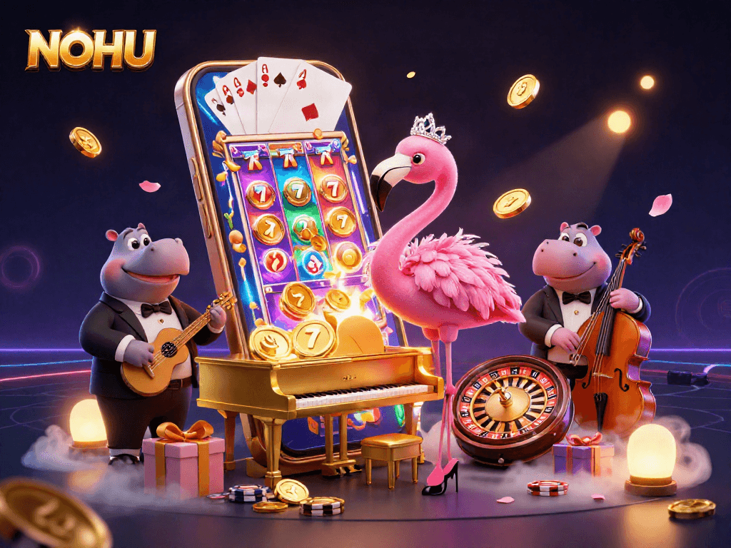 Experience NOHU's vibrant casino atmosphere with a flamingo singer and hippo bassist amidst slot game excitement.