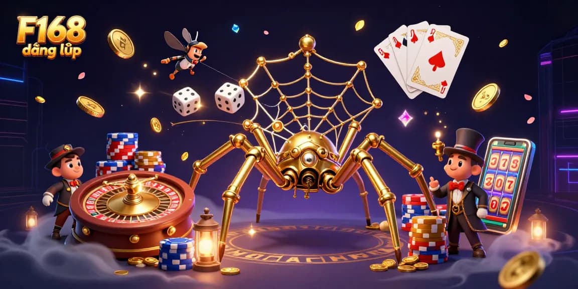 F168 đăng nhập: Experience the thrill of gaming with a steampunk spider weaving luck in a vibrant casino.