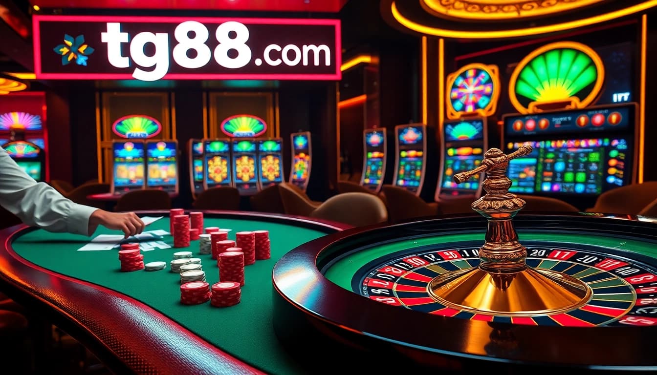 Engaging casino table featuring professional card dealing and betting chips showcasing tg88 com online gambling excitement
