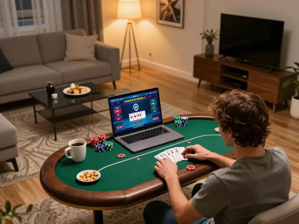 Engaged player enjoying HB88 poker game at home, creating a vibrant online gambling atmosphere