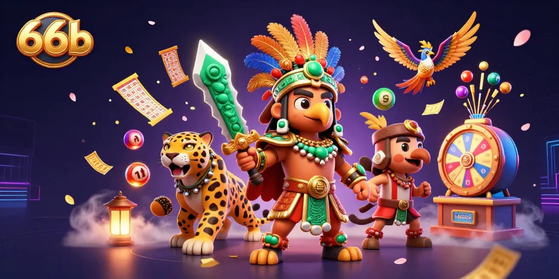 Celebrate gaming excitement at 66b with colorful elements, dynamic visuals, and vibrant characters in this 3D illustration.