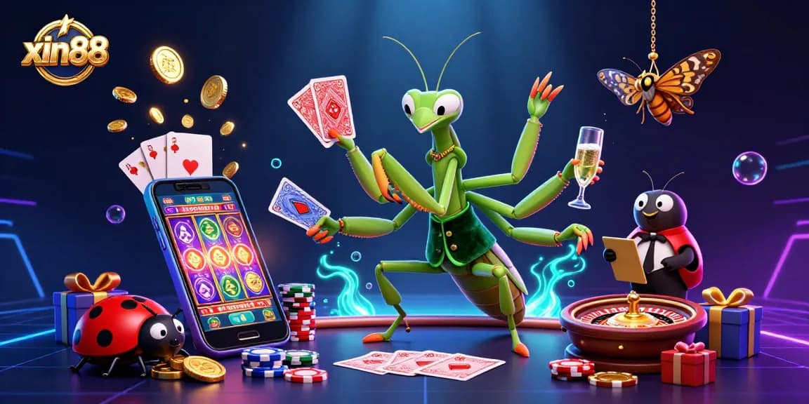 Engage with xin88 as the giant praying mantis card sharp deals cards, radiating casino energy.