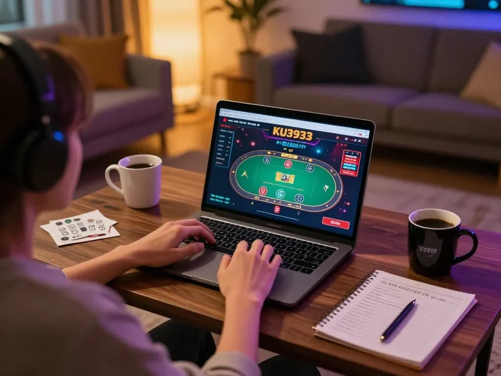 Player engaging in an exciting KU3933 online poker game from a cozy home setup, highlighting responsible gaming.