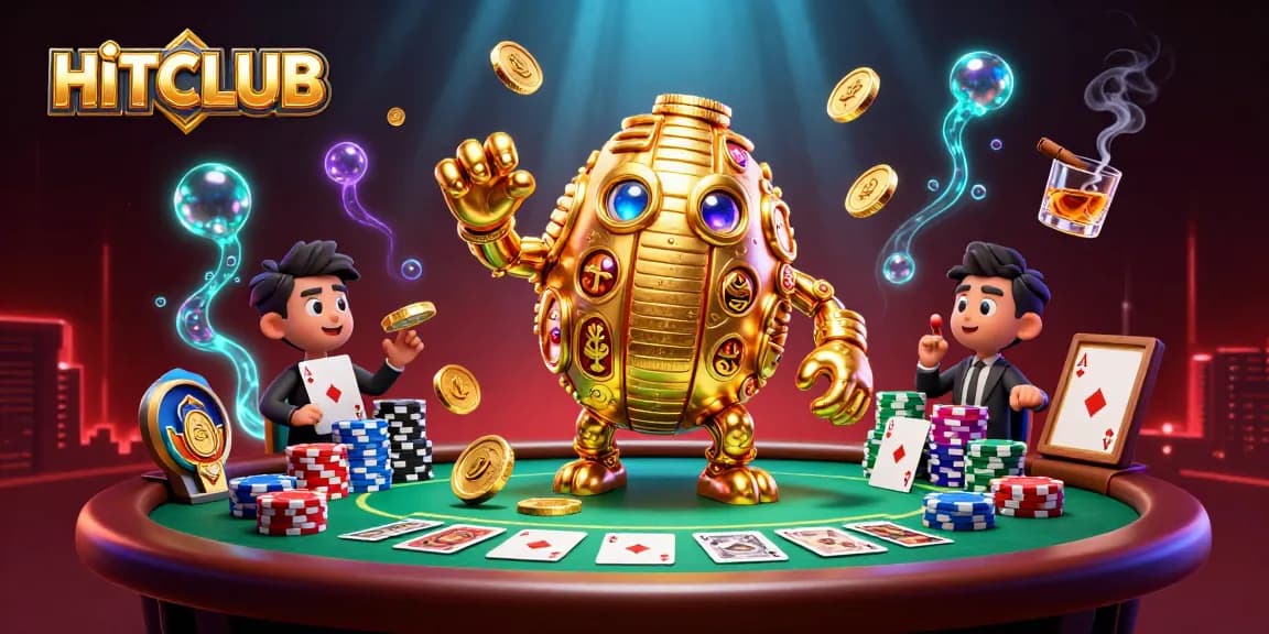 Engage with HITCLUB in this vibrant casino scene featuring a golden golem and dynamic poker elements.