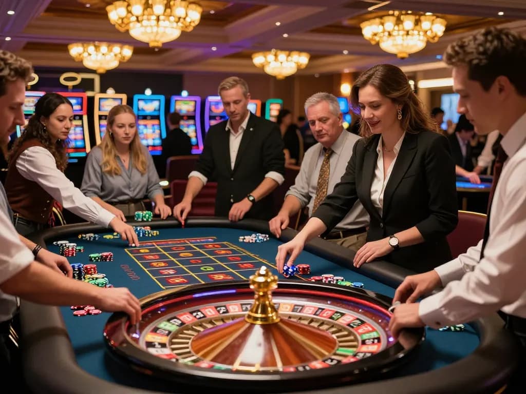 Players engaging at a vibrant roulette table, experiencing zbett excitement in a lively casino.