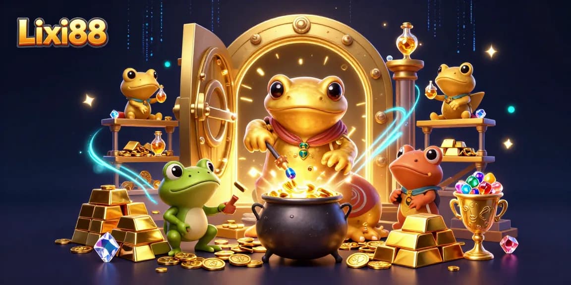 Lixi88 players tuning into the excitement of online gaming amidst shimmering treasures in a vibrant 3D scene.