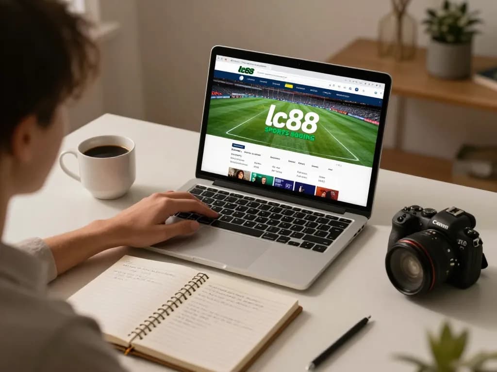 Engaging in sports betting via lc88 website at a stylish home desk with laptop and strategy notes.