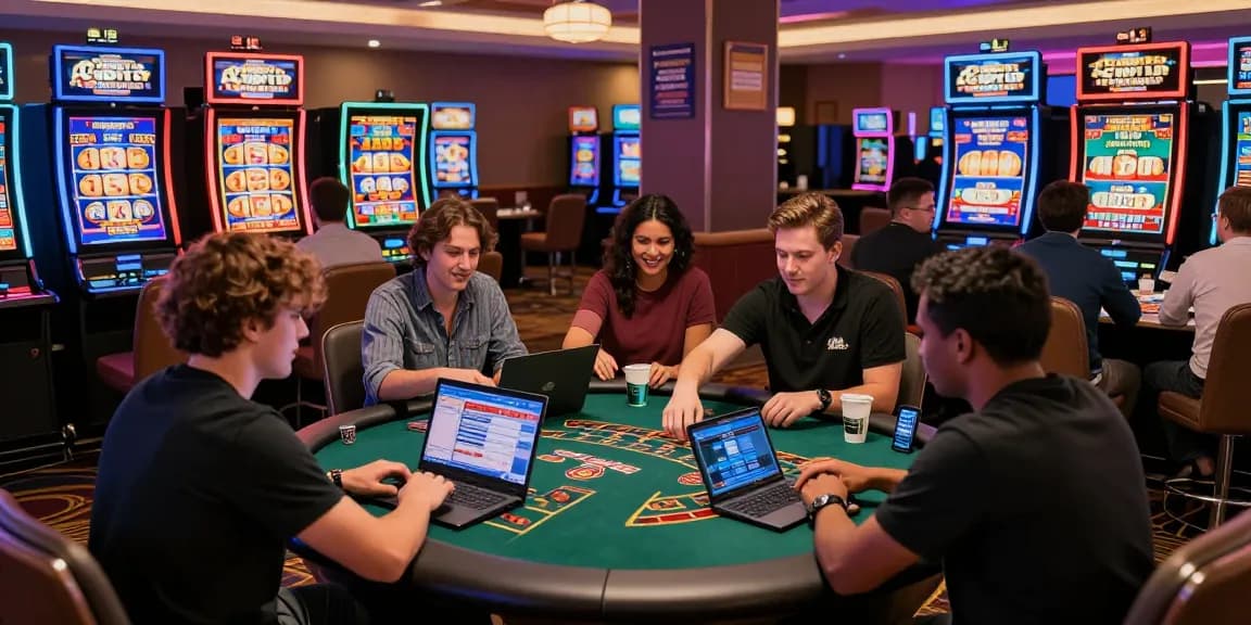 Engaging credit card casino scene depicted on dea.org.uk, showcasing players in action with laptops and vibrant slot machines.
