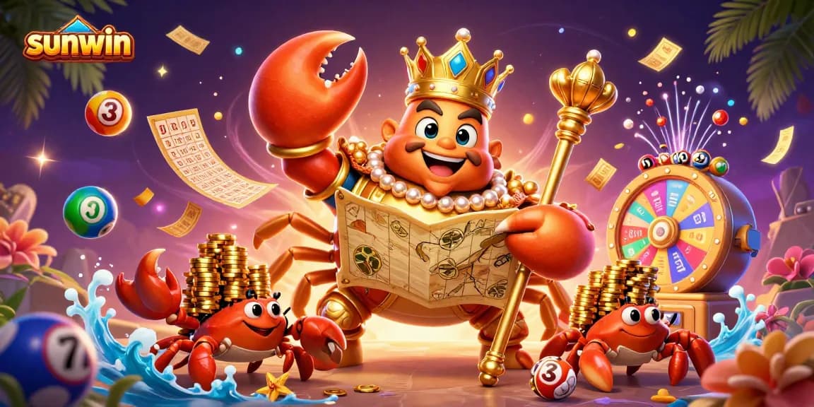 Engage with sunwin's vibrant 3D casino scene featuring a golden crab emperor amidst dynamic lottery elements.