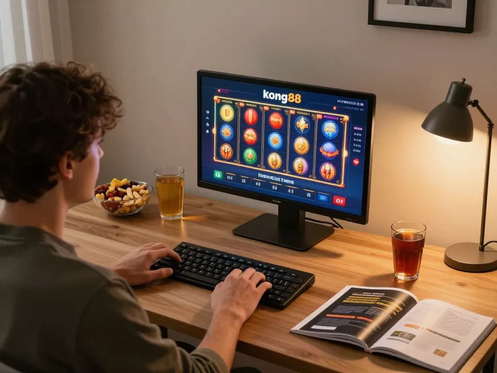 Engaging in thrilling online gaming at kong88 casino, featuring colorful slots on tablet and cozy setup.