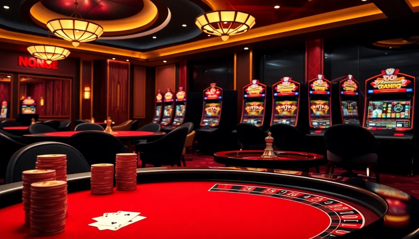 Experience thrilling gameplay and luxury with nohu90.com in a vibrant casino scene featuring poker and slot machines.