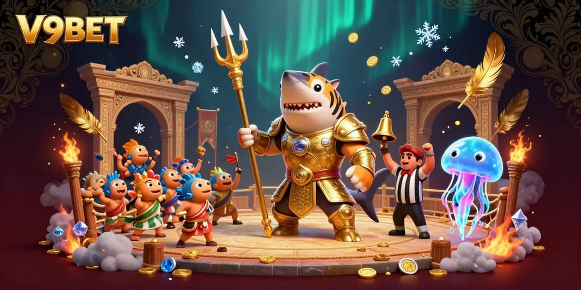 Engage in thrilling gameplay at V9BET with an underwater casino scene featuring a gladiator shark.