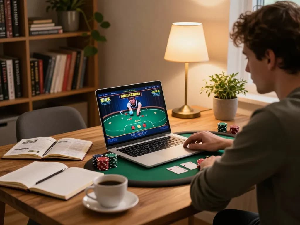 Engaged player at home using https://www.mnm88.com/ for online poker, strategic gameplay in cozy setting.