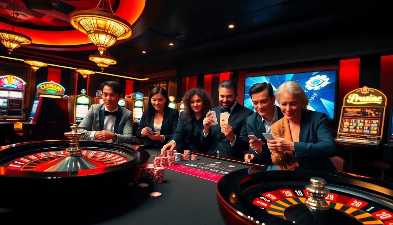Excited gamblers playing at a casino table with vibrant elements of https://da88.navy/ for an engaging gaming experience.
