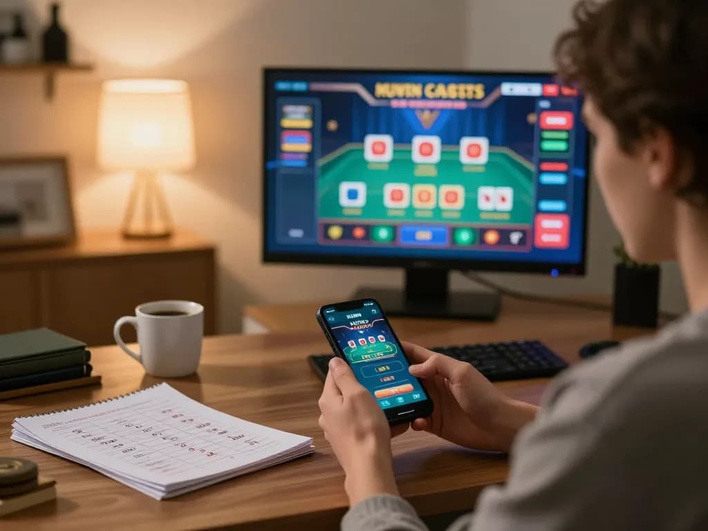 Player engaging with the KUWIN casino app on a smartphone in a stylish home office.