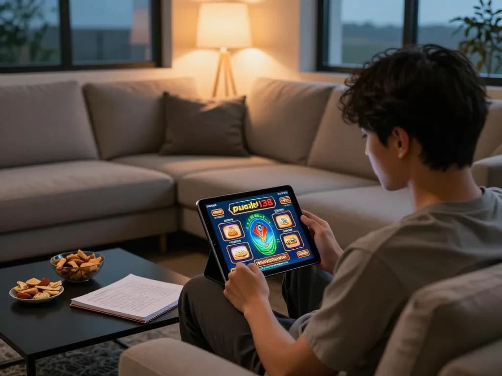 Pucuk138 player enjoying online slots on a tablet in a cozy home setting, with snacks and strategy notes nearby.