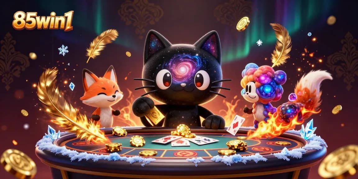 85win1 showcases a vibrant 3D casino scene with a black hole cat and colorful fox, engaging players in dynamic gaming.