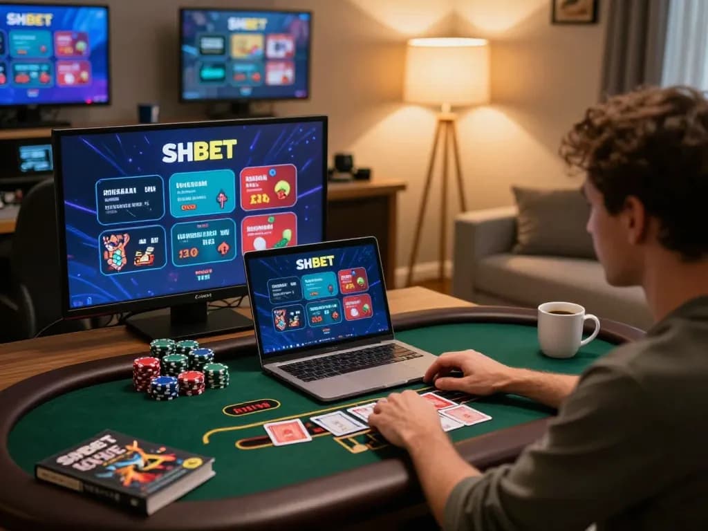 Engaging player enjoying SHBET's live dealer blackjack in a cozy home setup.