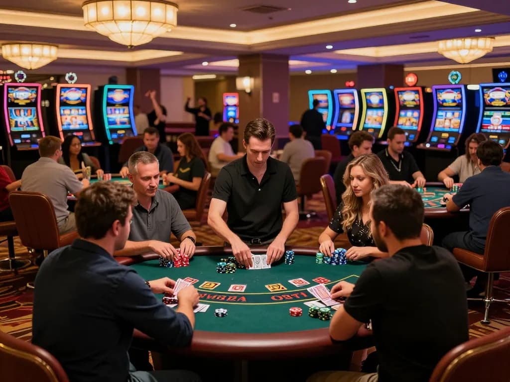 Players enjoying the excitement of LV88 casino games at a vibrant modern gaming table amidst an upscale ambiance.