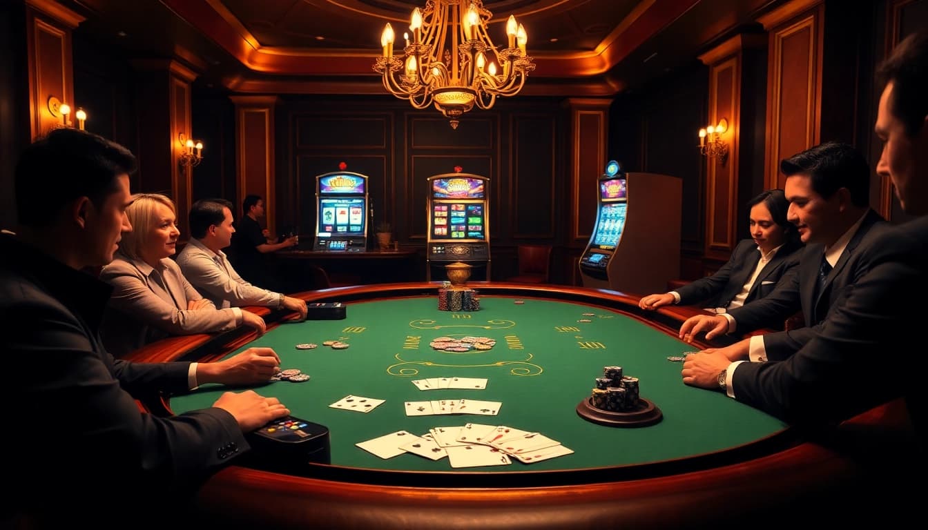 A thrilling poker game at xin88 casino, showcasing a luxurious poker table filled with colorful chips and intense players.