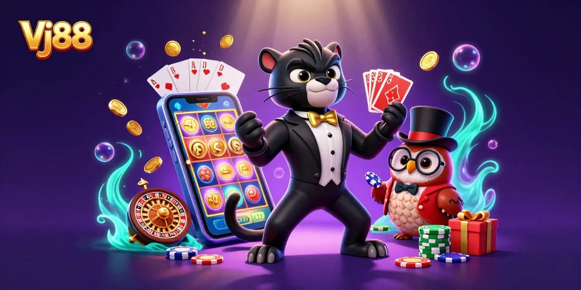 Engage with Vj88's rich gaming experience, as a stylish cartoon panther deals cards amidst vibrant casino elements.