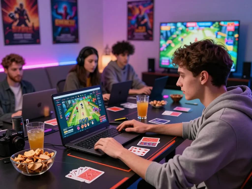 Friends enjoying a Game bài session in a vibrant living room, showcasing online gaming excitement.
