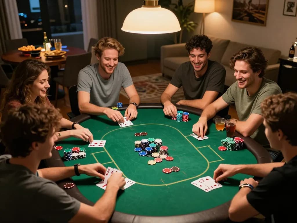 Friends enjoying a lively poker game at home, showcasing BL555's social gambling experience.