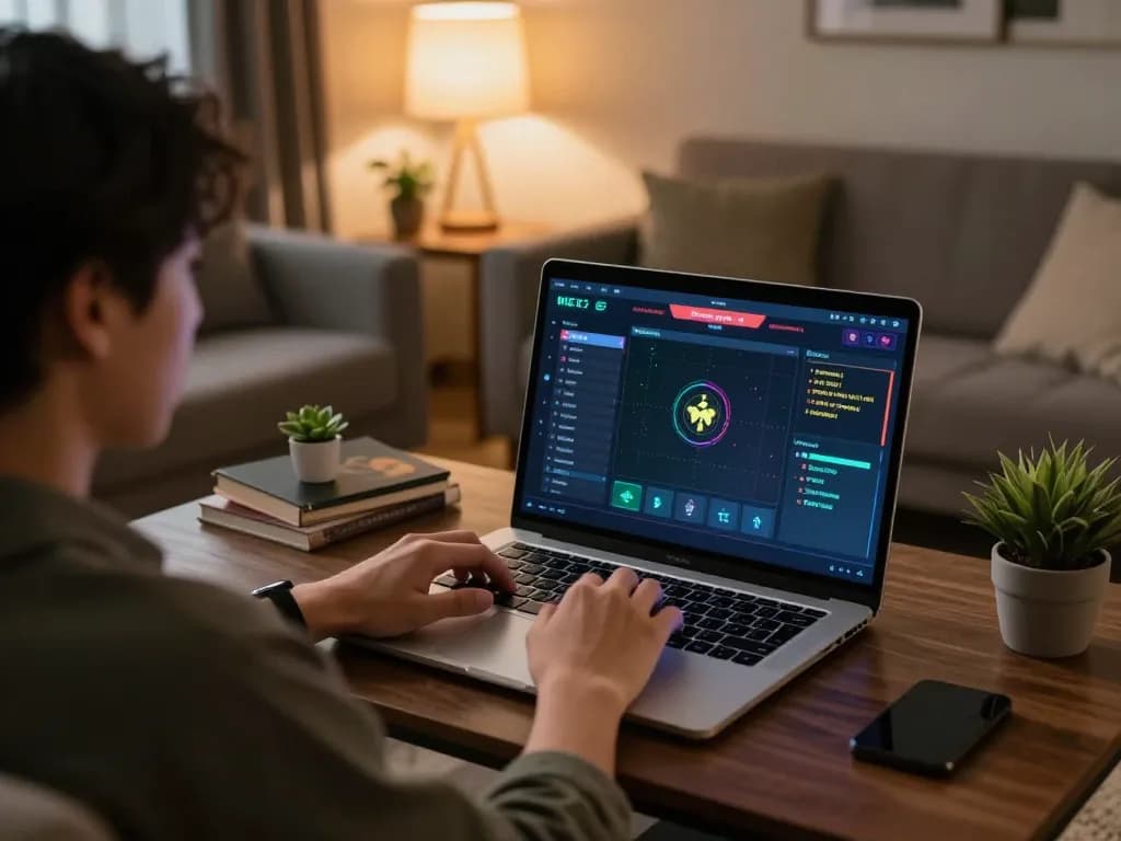 Engaging in strategic Dota betting at home using Go8 platform on a laptop.