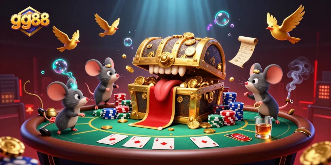 Play exciting games at gg88 casino with a treasure chest, poker table, and vibrant casino elements.