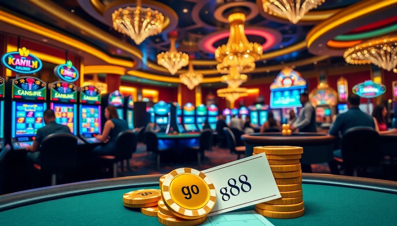 Engaging casino scene showcasing players betting on go 88 slot machines and poker tables.