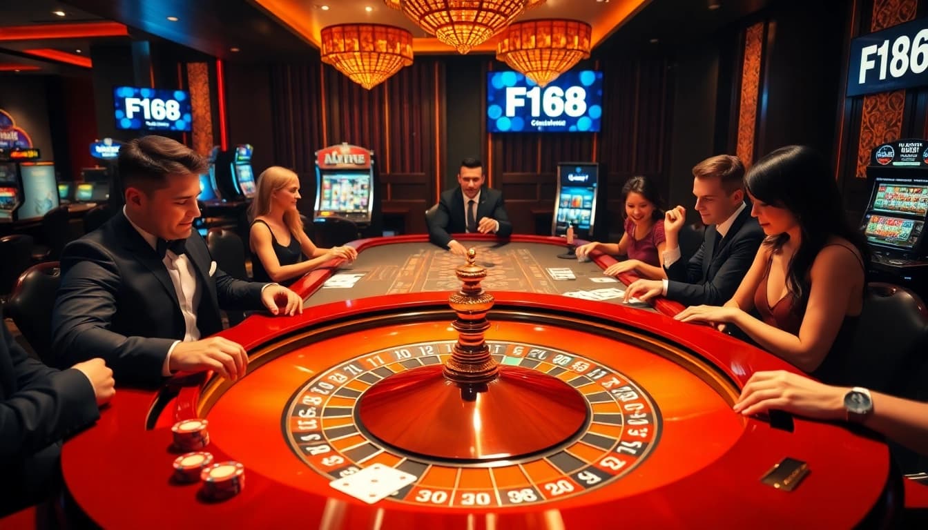 F168 enhances the excitement at a luxurious casino with players at a roulette table.