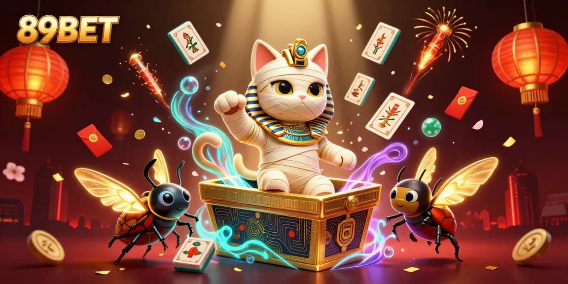 89BET gaming illustration featuring a vibrant Egyptian mummy cat character with casino elements like slot reels and golden treasures.