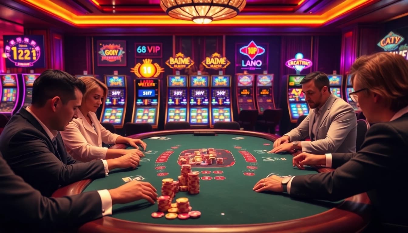 Engaging casino scene at 68VIP with players focused on poker chips and cards.