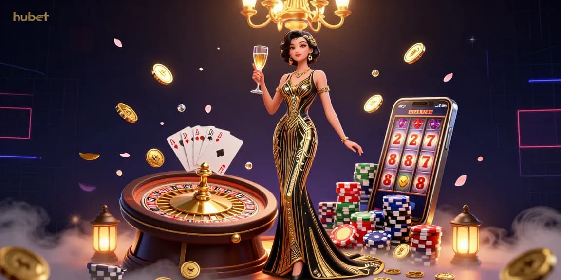 Experience the excitement of hubet casino with an elegant Asian woman among dynamic gaming elements.