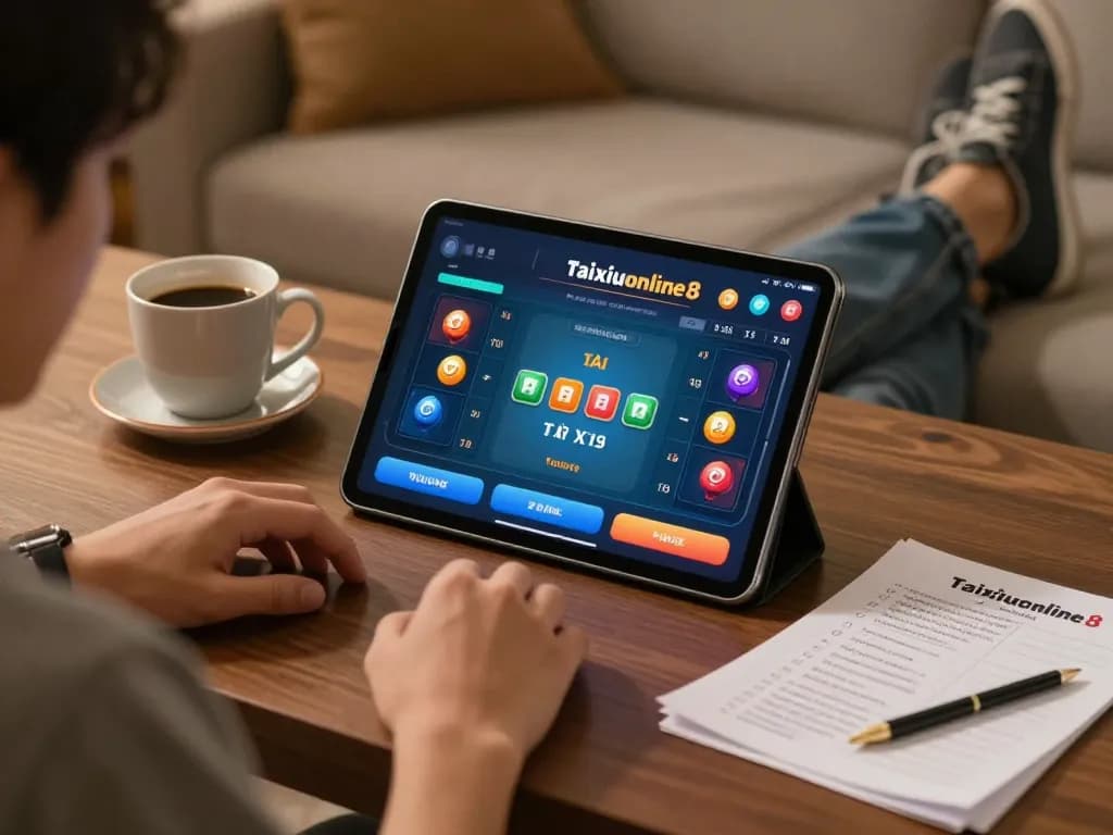 Engaged player using taixiuonline8 app on tablet for strategic Tài Xỉu gaming experience at home.
