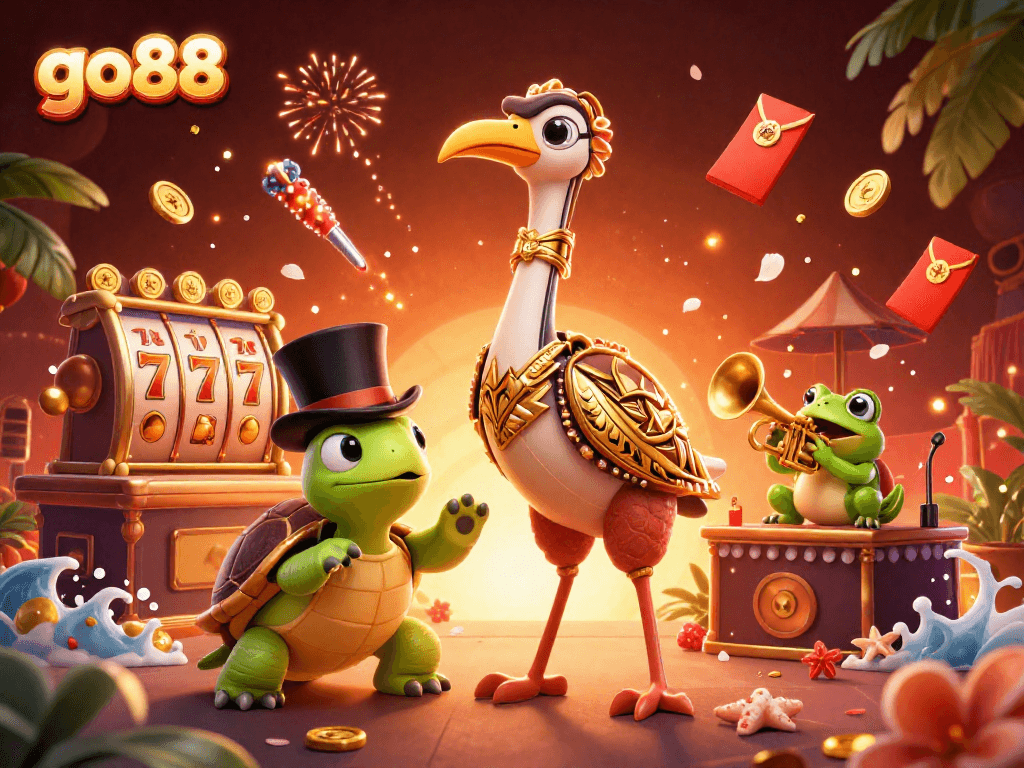 Experience the excitement of go88 with vibrant nighttime casino fun, featuring iconic gaming elements, characters, and animations.