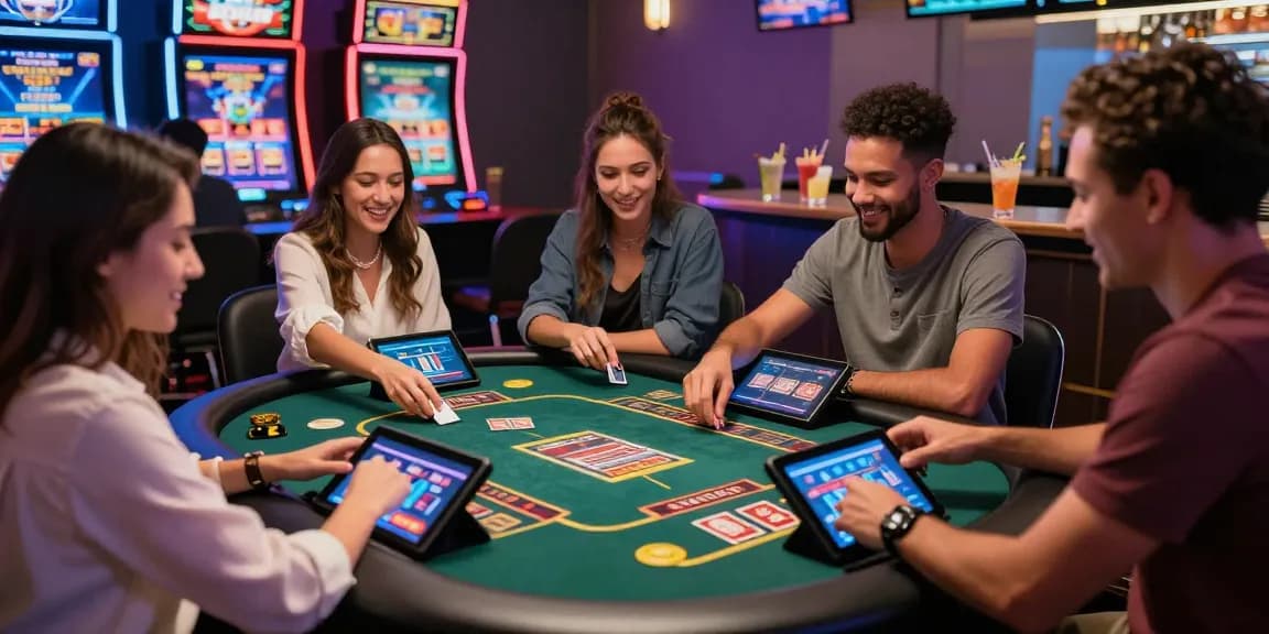 Group of friends enjoying games at credit card casinos UK on https://brcs.co.uk, vibrant atmosphere with modern digital interfaces.