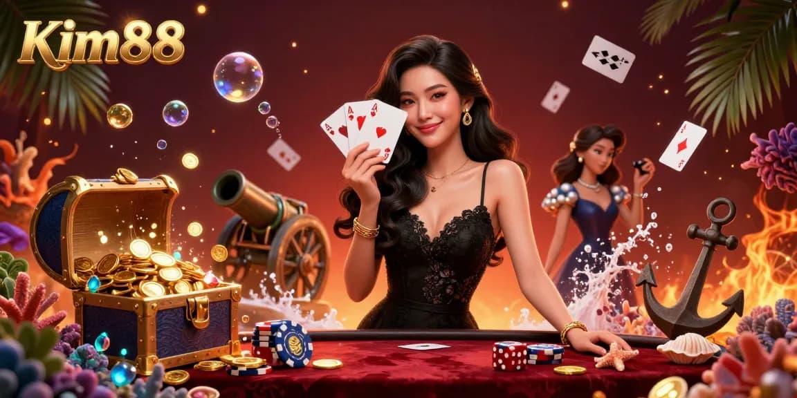 Experience the allure of Kim88 with a captivating 3D casino illustration featuring an elegant Asian woman and abundant gaming elements.