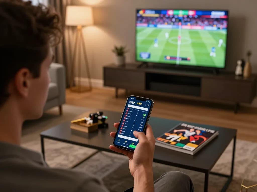 Person engaging with the va88 sports betting app on smartphone in a stylish set-up