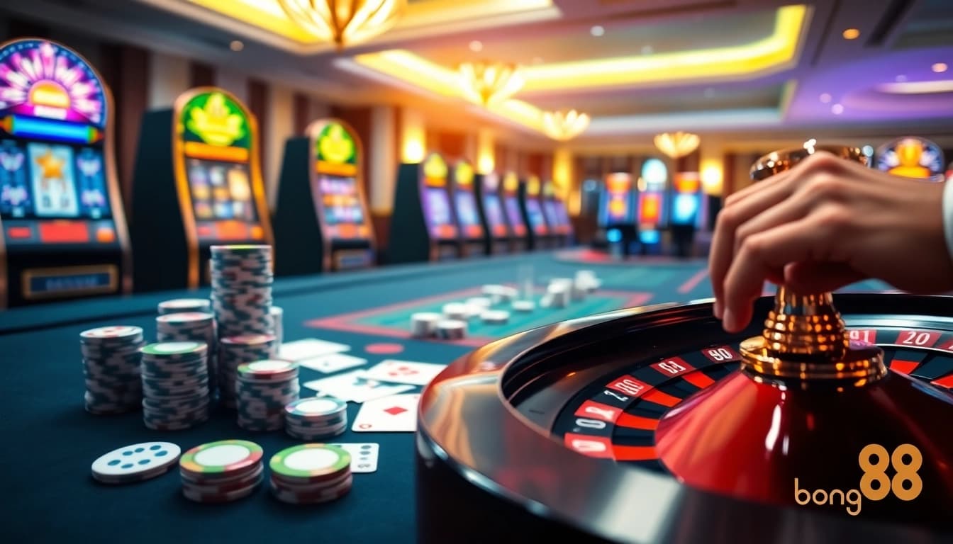 Exciting scene with players engaging in high-stakes poker at bong 88 casino.
