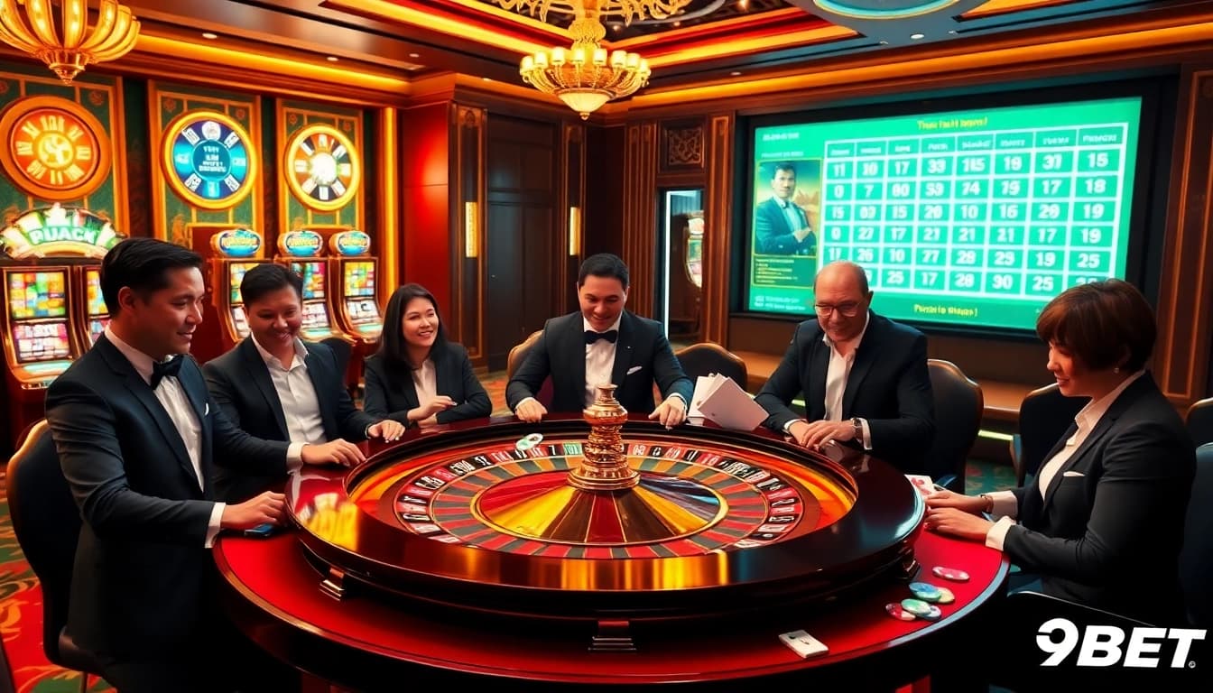 Experience the excitement of Trang chủ 9BET with players engaging at a luxurious casino roulette table.